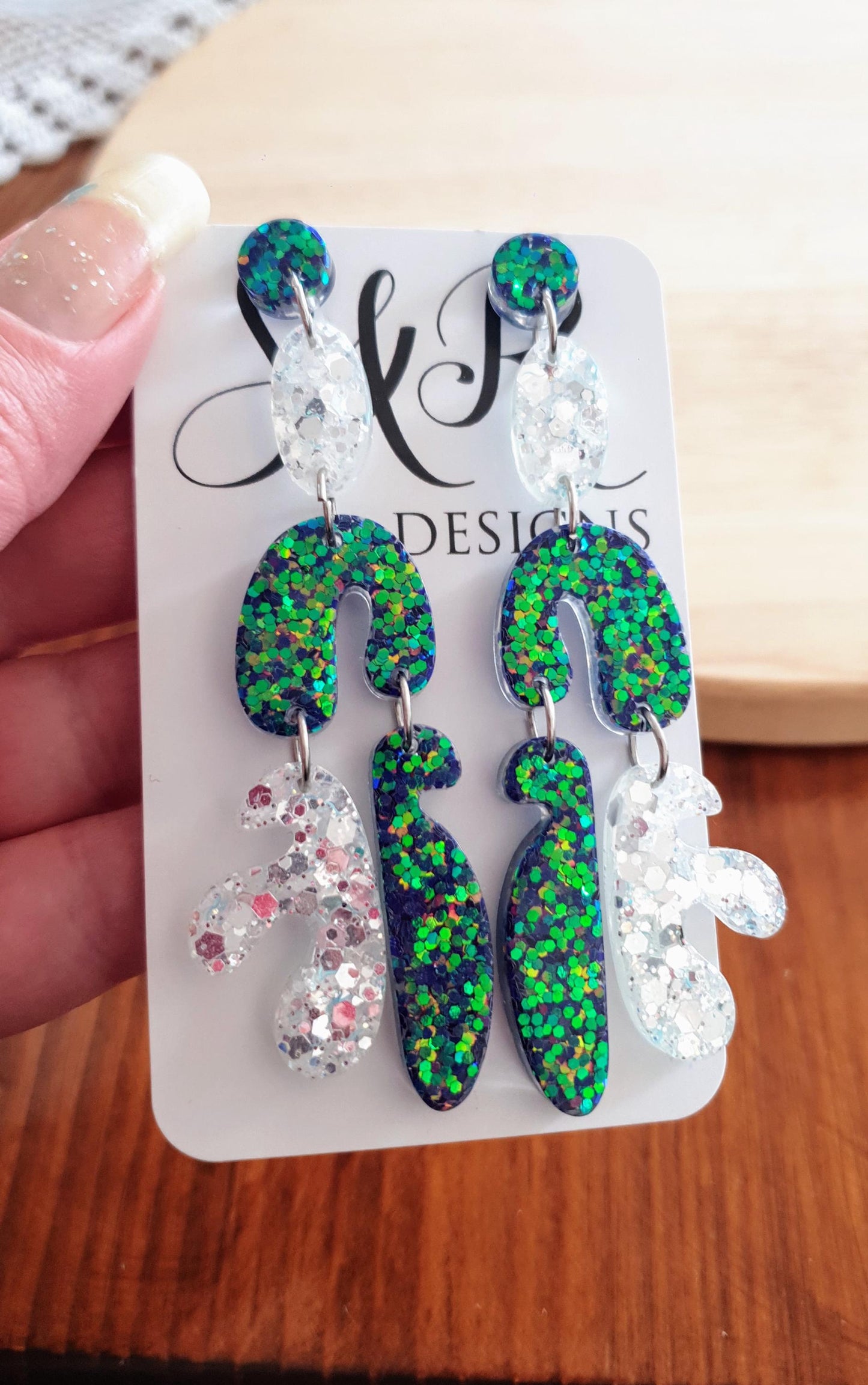 Multicoloured Blue Dangle Long Drop Earrings, Blue Green Chameleon White Mix Glitter, Statement Handmade Resin Earrings