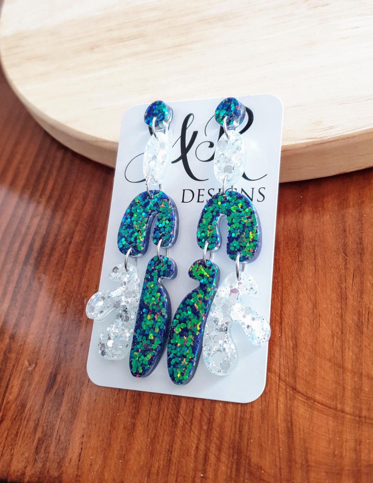 Multicoloured Blue Dangle Long Drop Earrings, Blue Green Chameleon White Mix Glitter, Statement Handmade Resin Earrings