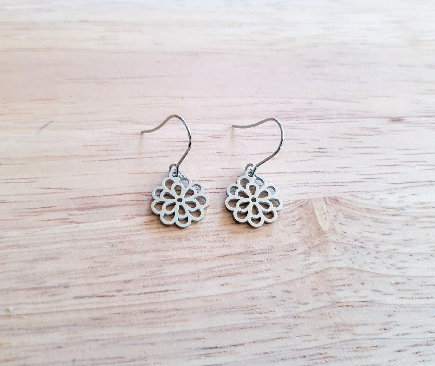 Silver Filigree Flower Earrings, Stainless Steel, Choose Leverback or Hook Earrings.
