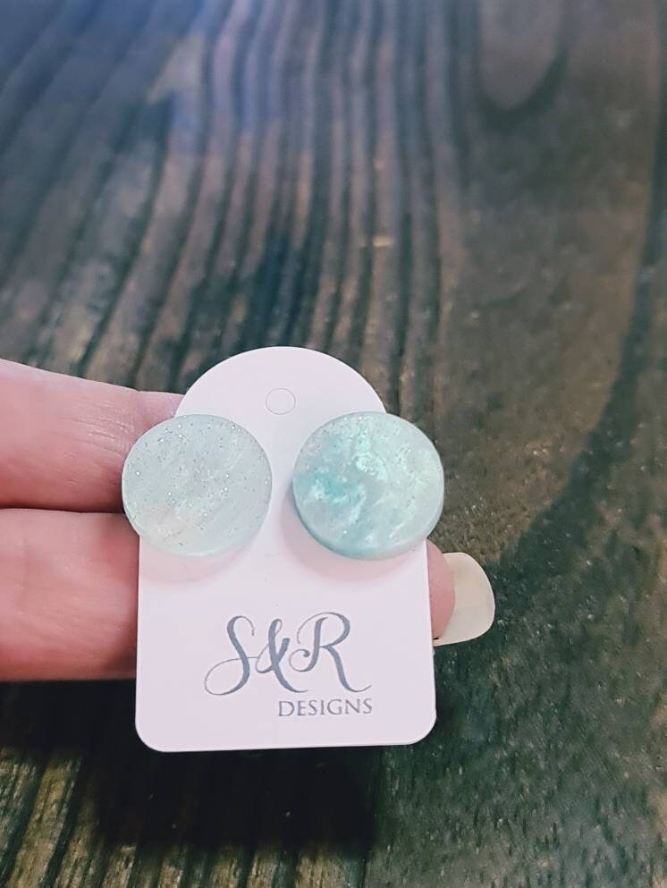 Blue Marble Circle Stud Earrings, Acrylic Earrings, Stainless Steel Earrings.