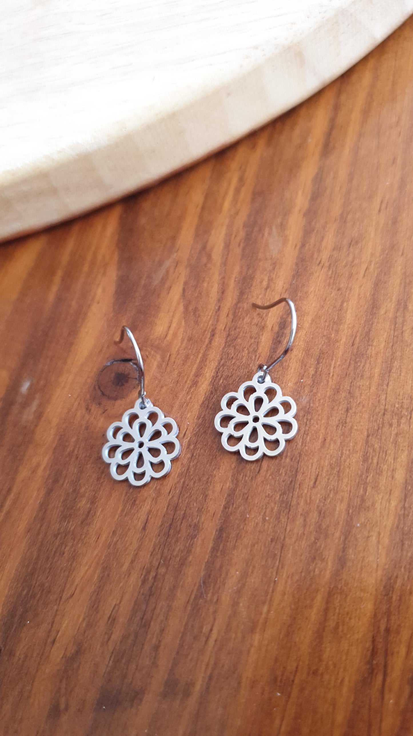 Silver Filigree Flower Earrings, Stainless Steel, Choose Leverback or Hook Earrings.