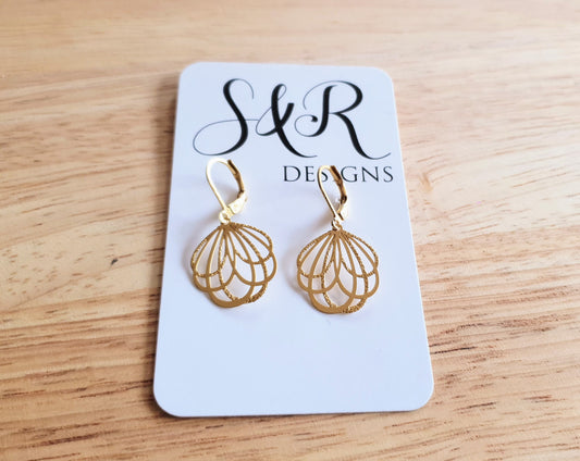 Gold Dainty Filigree Flower Leverback Earrings, Stainless Steel Statement Dangle Drop Minimalist Earrings.