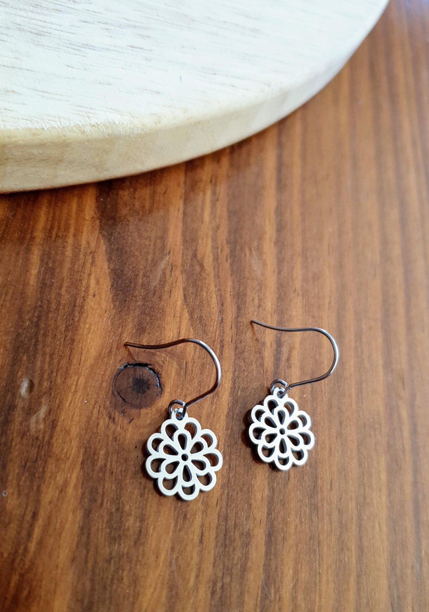 Silver Filigree Flower Earrings, Stainless Steel, Choose Leverback or Hook Earrings.