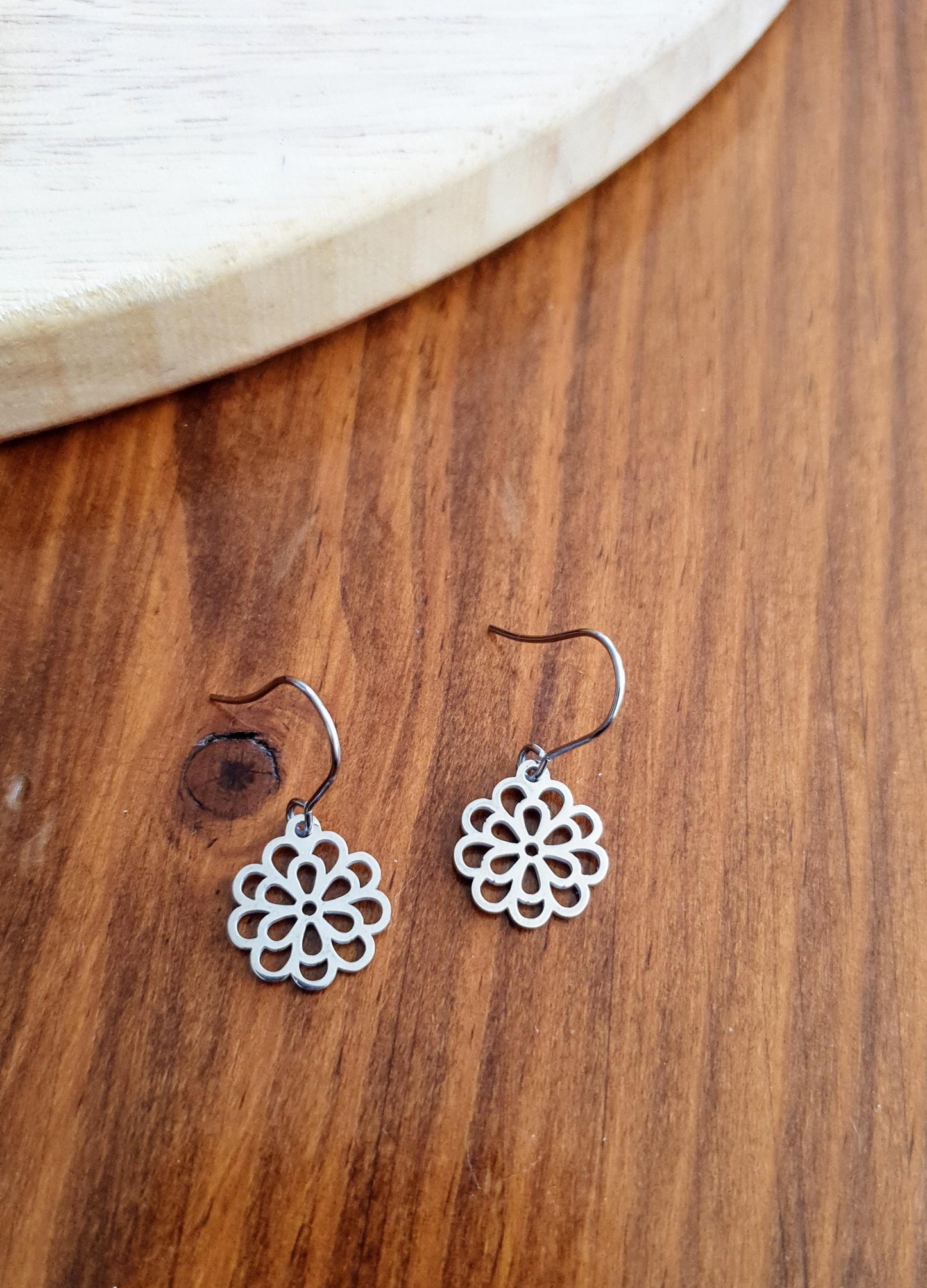 Silver Filigree Flower Earrings, Stainless Steel, Choose Leverback or Hook Earrings.