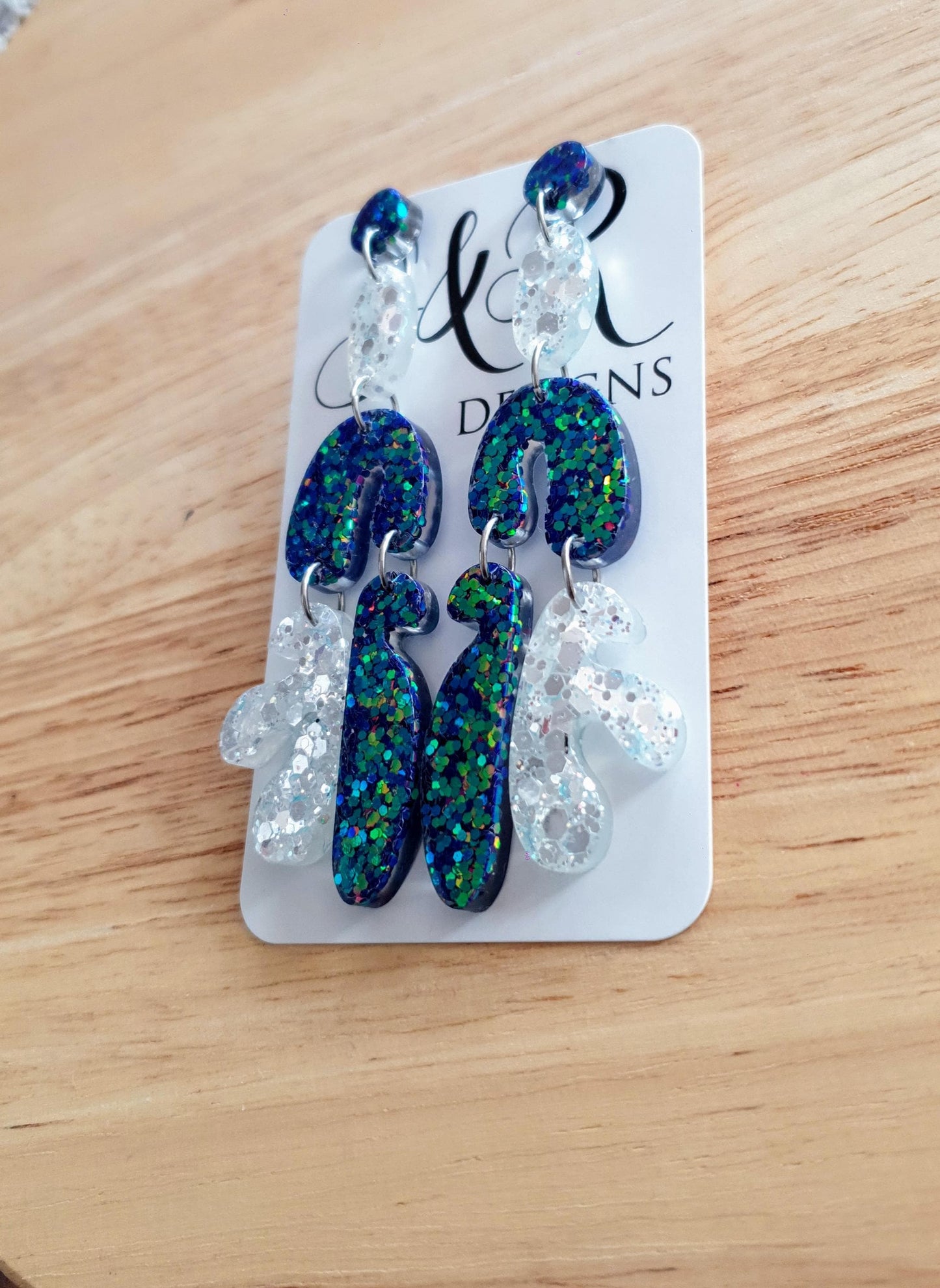 Multicoloured Blue Dangle Long Drop Earrings, Blue Green Chameleon White Mix Glitter, Statement Handmade Resin Earrings