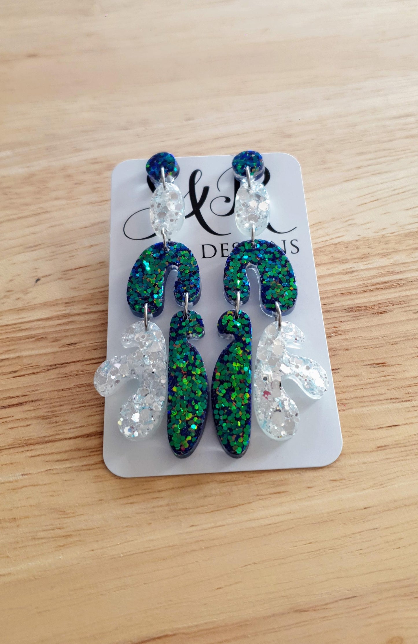 Multicoloured Blue Dangle Long Drop Earrings, Blue Green Chameleon White Mix Glitter, Statement Handmade Resin Earrings