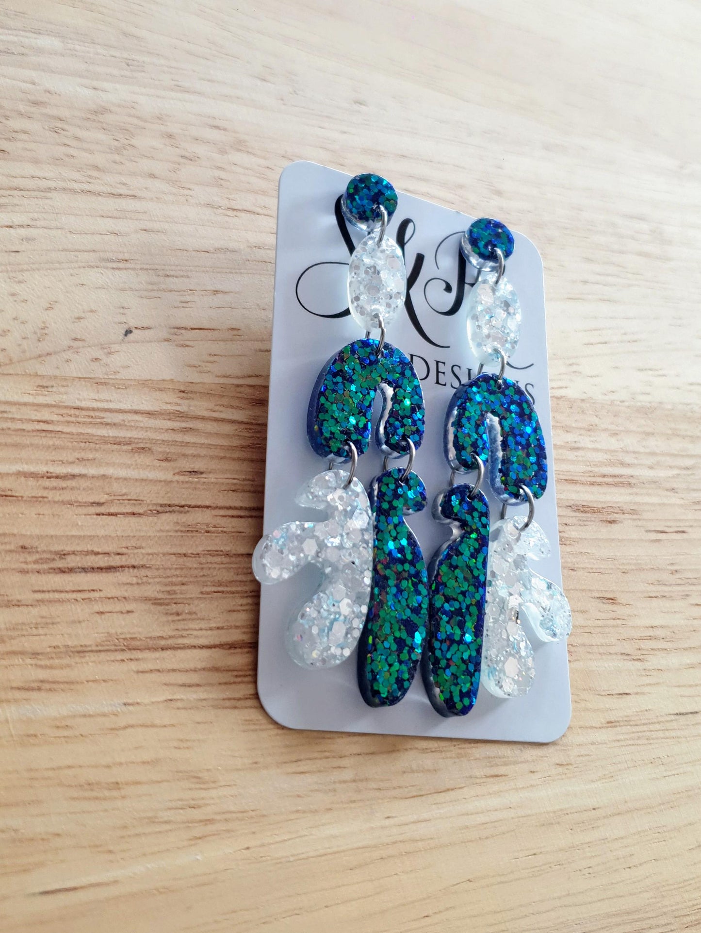 Unique Multicoloured Multi Shape Dangle Long Drop Earrings, Blue Green Chameleon White Glass Mix Glitter, Statement Handmade Resin Earrings