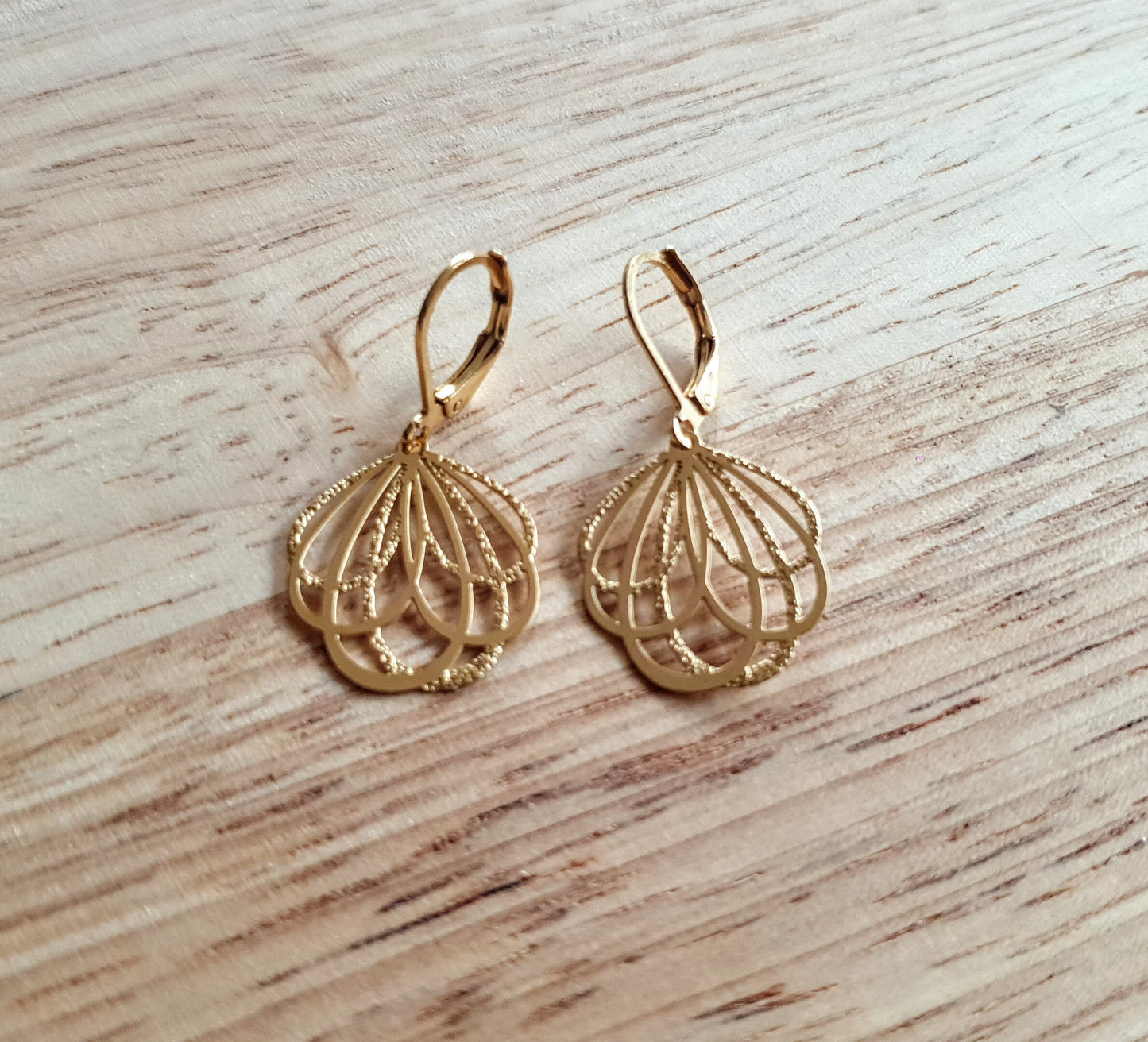 Gold Dainty Filigree Flower Leverback Earrings, Stainless Steel Statement Dangle Drop Minimalist Earrings.