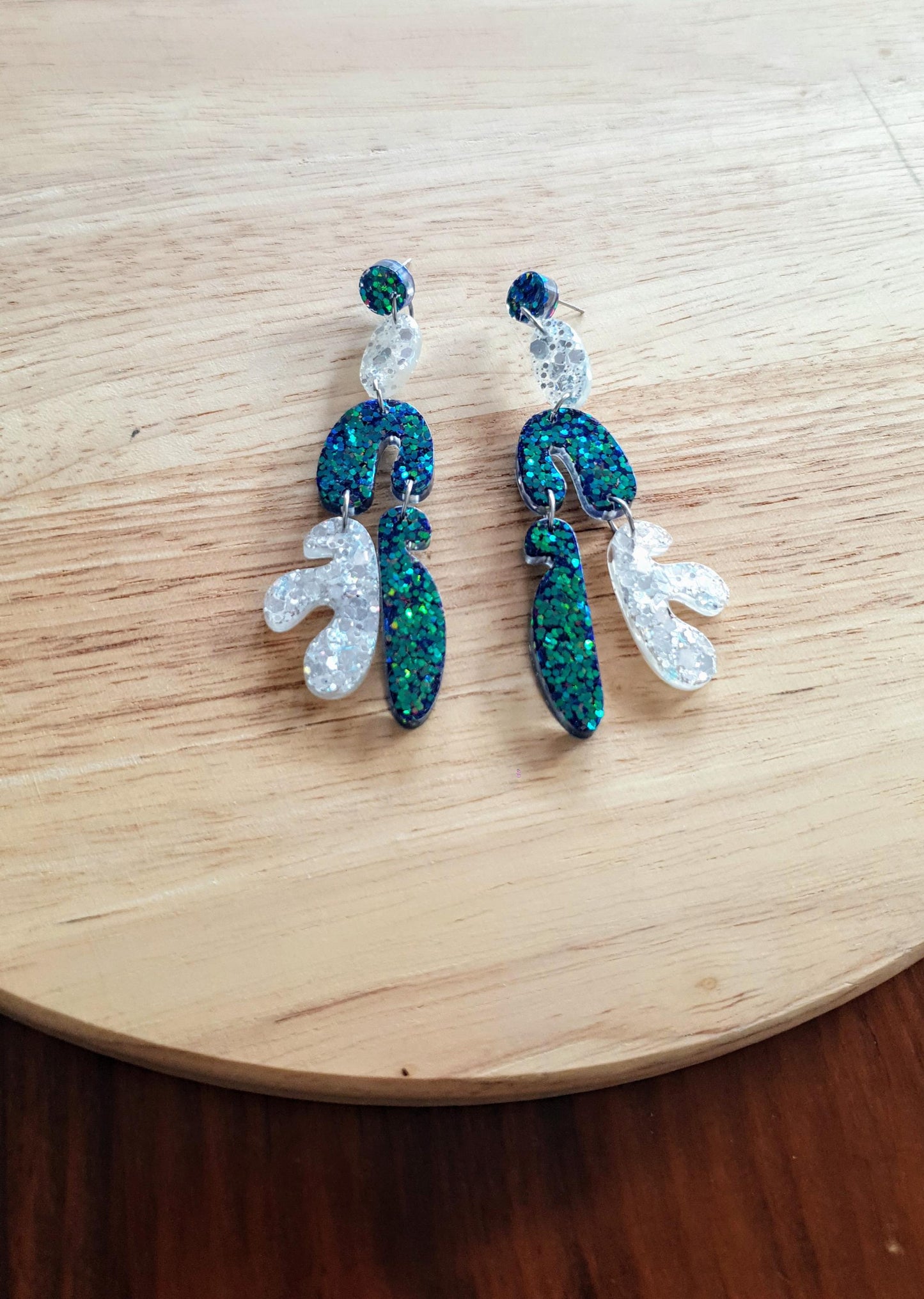 Unique Multicoloured Multi Shape Dangle Long Drop Earrings, Blue Green Chameleon White Glass Mix Glitter, Statement Handmade Resin Earrings