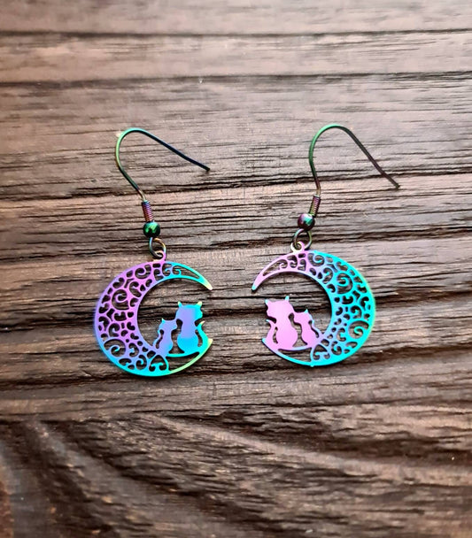 Rainbow Cat Earrings on Moon Filigree, Silver Stainless Steel Dangle Hook Earrings Anodized or Leverback