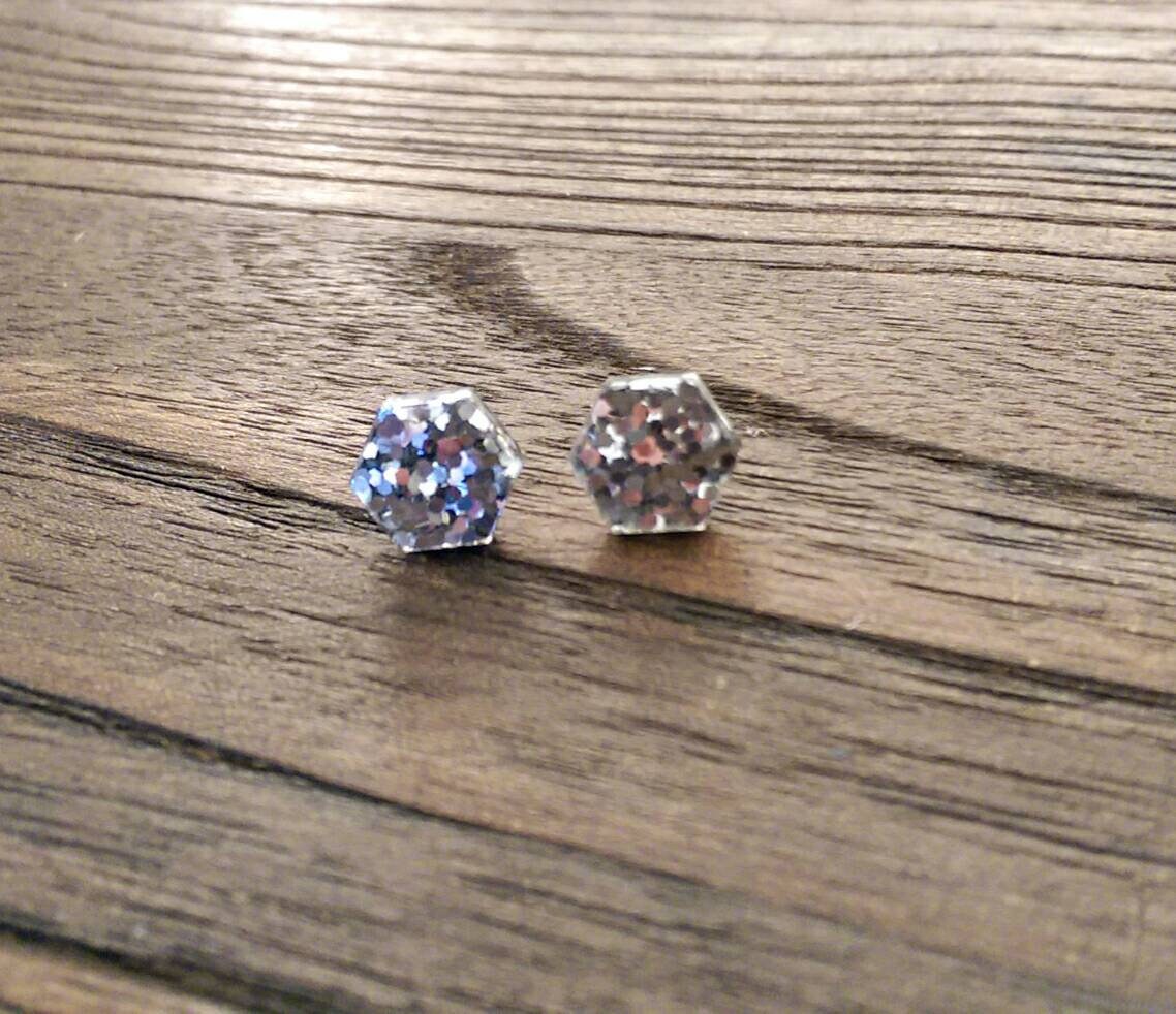 Hexagon Resin Stud Earrings, Silver Glitter Earrings. Stainless Steel Stud Earrings. 10mm