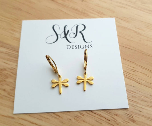 Minimalist Gold Dragonfly Leverback Earrings, Gold Stainless Steel Dangle Leverback, Hoop or Earwire Hook Earrings.