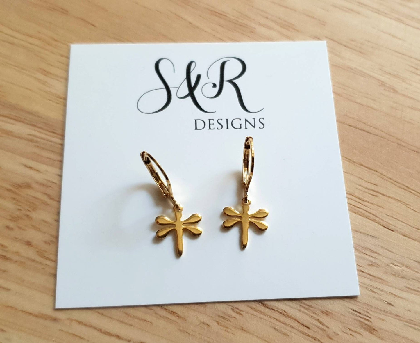 Minimalist Gold Dragonfly Leverback Earrings, Gold Stainless Steel Dangle Leverback, Hoop or Earwire Hook Earrings.
