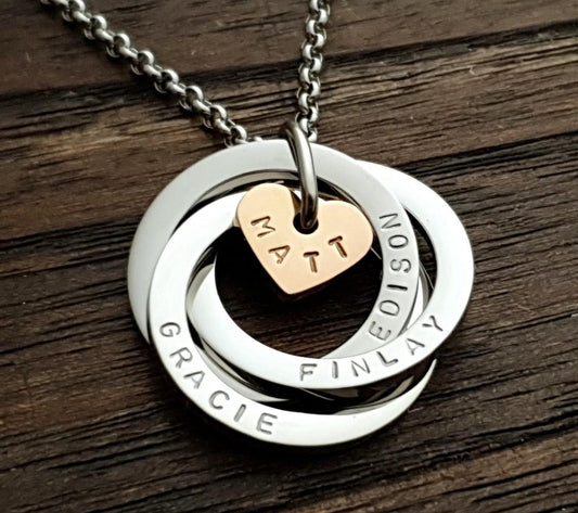 Personalised Heart Circle Connecting Rings Necklace, Tripple Links, Childrens names Personalized Hand Stamped Gift, 25mm Rings, Gift for Her
