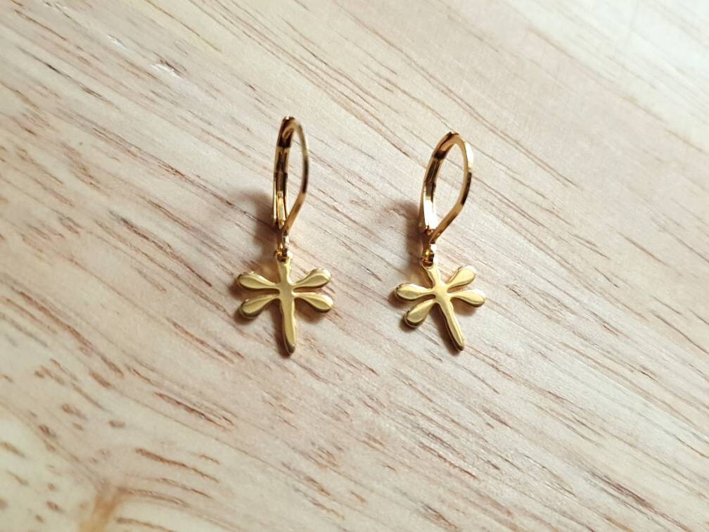 Minimalist Gold Dragonfly Leverback Earrings, Gold Stainless Steel Dangle Leverback, Hoop or Earwire Hook Earrings.