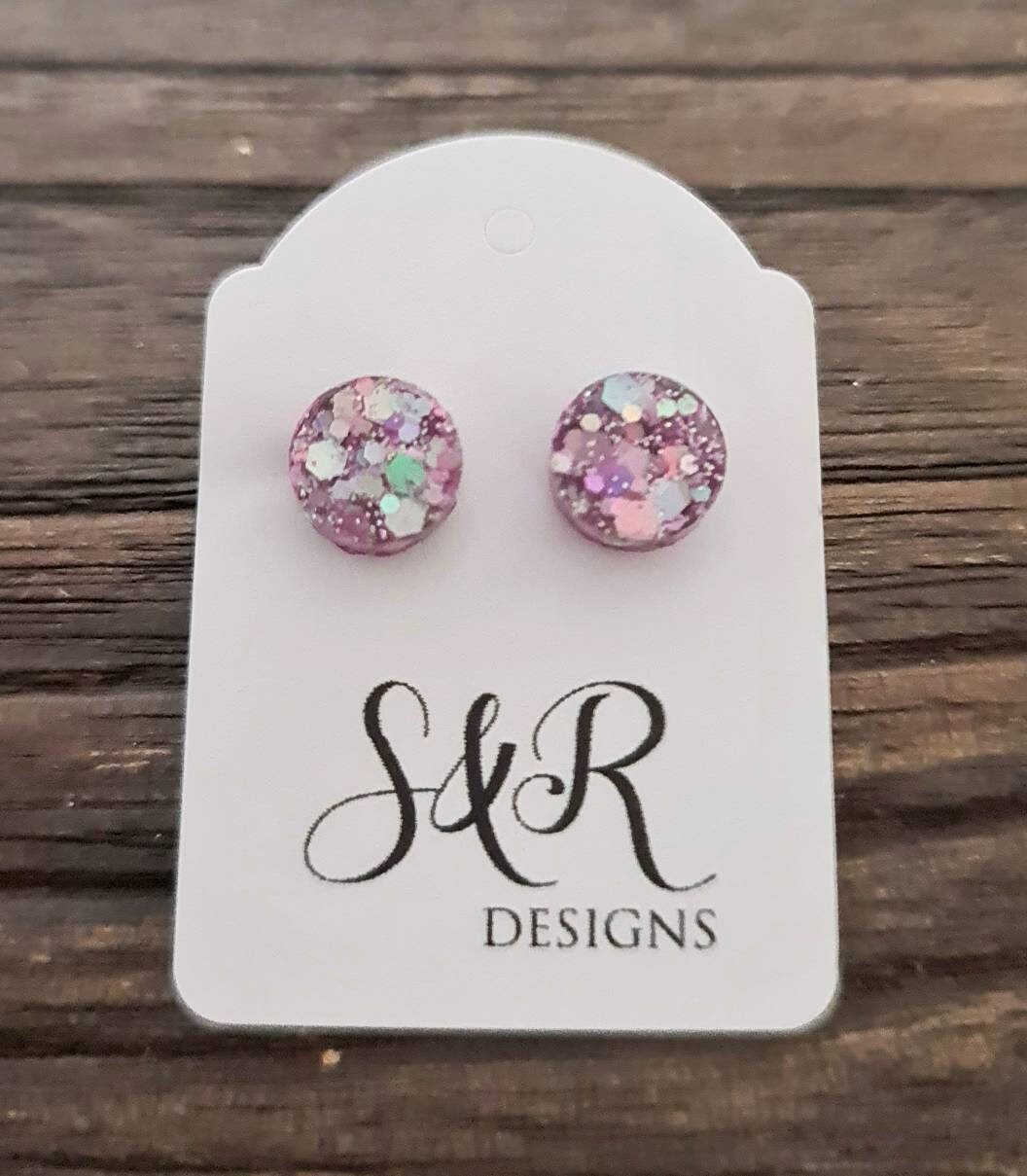 Pink Circle Dot Resin Stud Earrings, Pink Holographic Glitter Earrings. Stainless Steel Stud Earrings. 15mm, 12mm, 10mm or 8mm