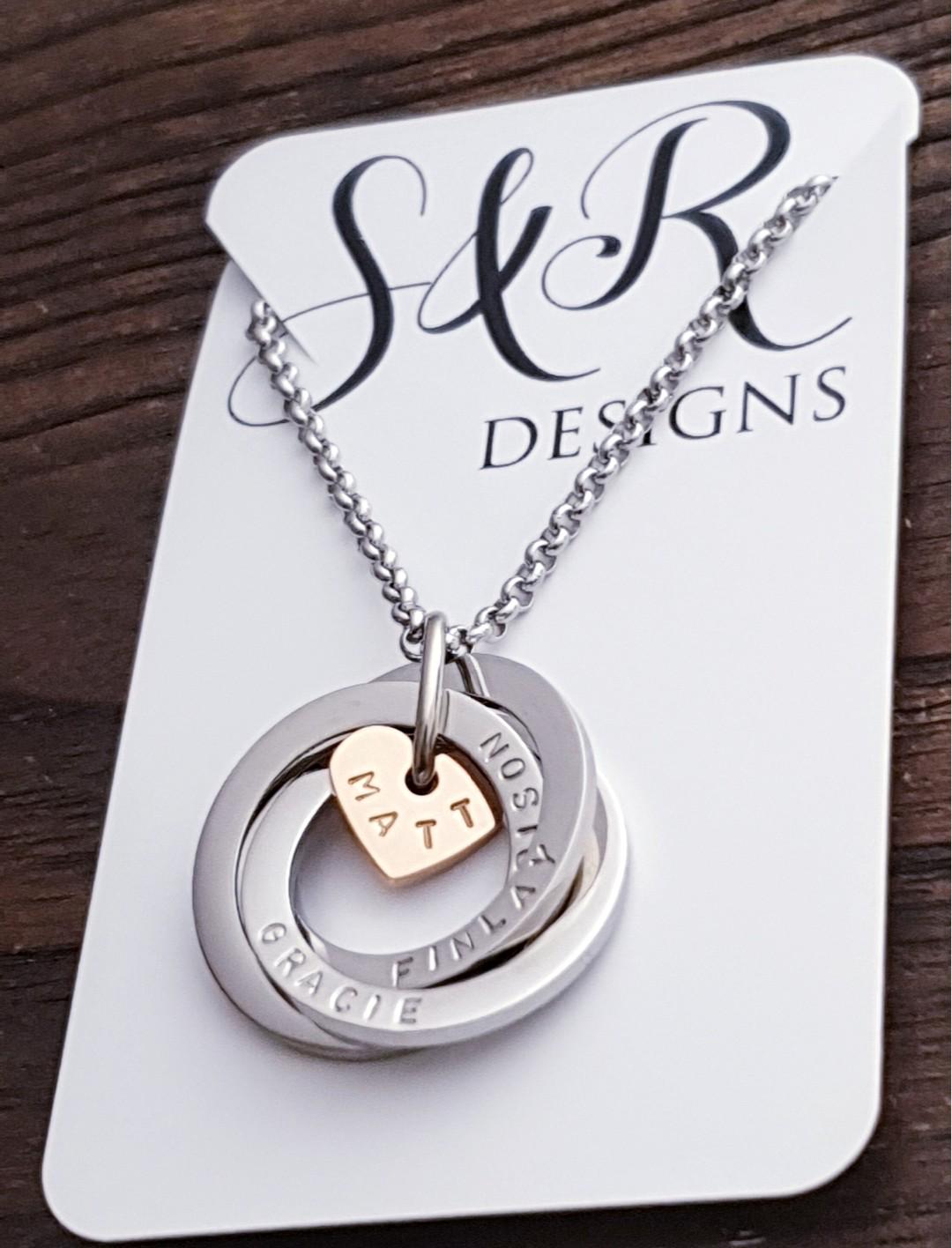 Personalised Heart Circle Connecting Rings Necklace, Tripple Links, Childrens names Personalized Hand Stamped Gift, 25mm Rings, Gift for Her