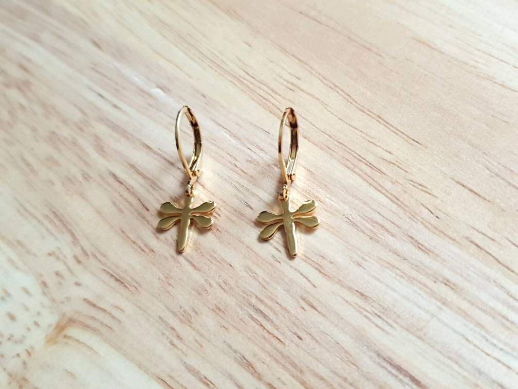 Minimalist Gold Dragonfly Leverback Earrings, Gold Stainless Steel Dangle Leverback, Hoop or Earwire Hook Earrings.