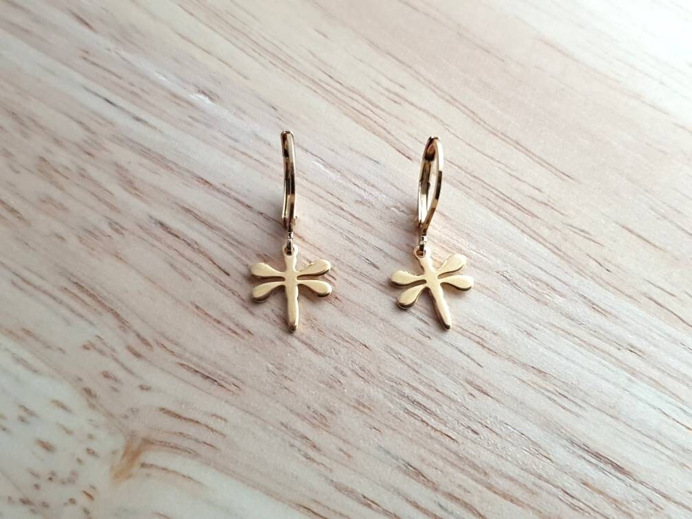 Minimalist Gold Dragonfly Leverback Earrings, Gold Stainless Steel Dangle Leverback, Hoop or Earwire Hook Earrings.
