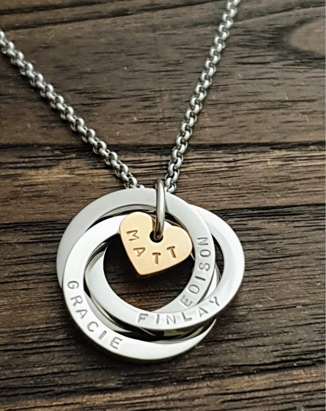 Personalised Heart Circle Connecting Rings Necklace, Tripple Links, Childrens names Personalized Hand Stamped Gift, 25mm Rings, Gift for Her