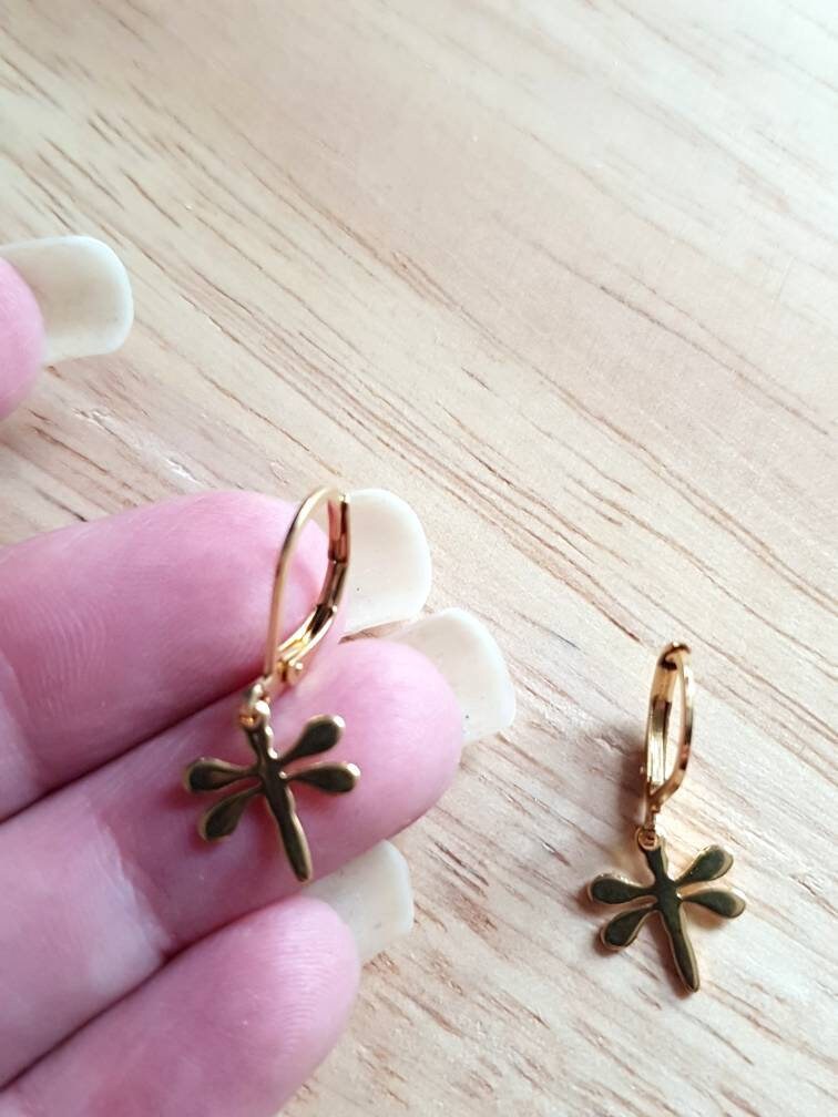 Minimalist Gold Dragonfly Leverback Earrings, Gold Stainless Steel Dangle Leverback, Hoop or Earwire Hook Earrings.