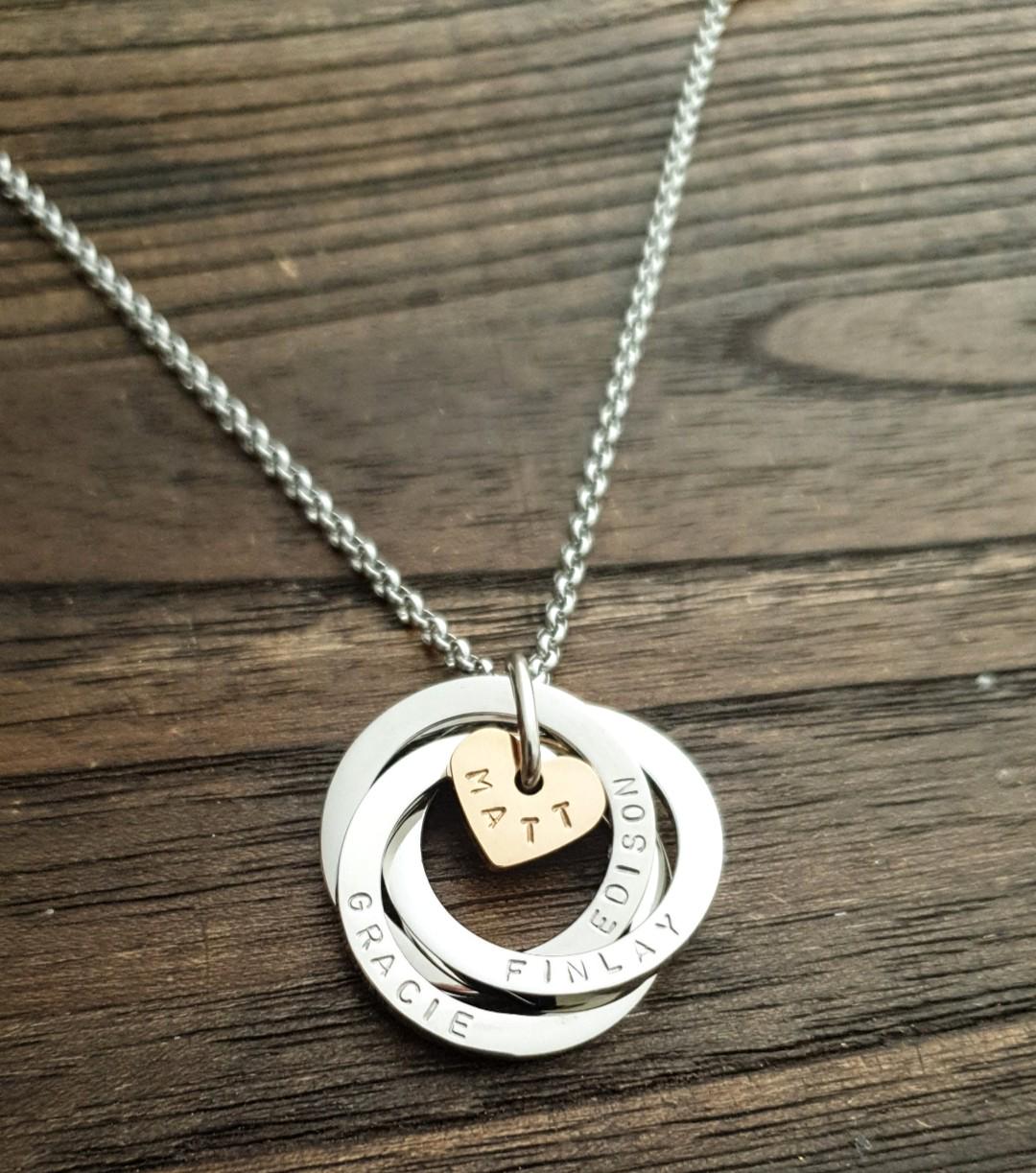 Personalised Heart Circle Connecting Rings Necklace, Tripple Links, Childrens names Personalized Hand Stamped Gift, 25mm Rings, Gift for Her