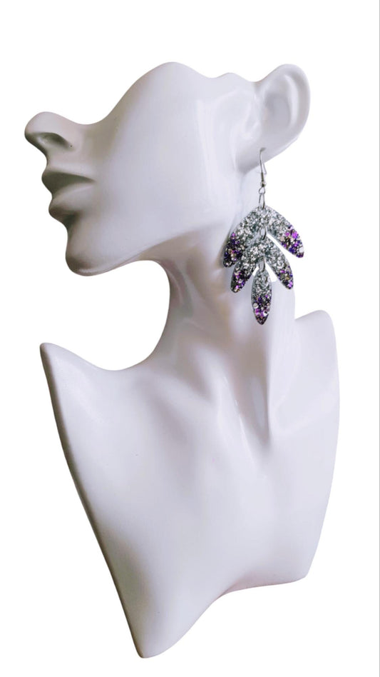 Statement Leaves Long Drop Hook Earrings. Purple Silver Glitter Resin Dangles, Stunning Chandelier Earwire Dangles