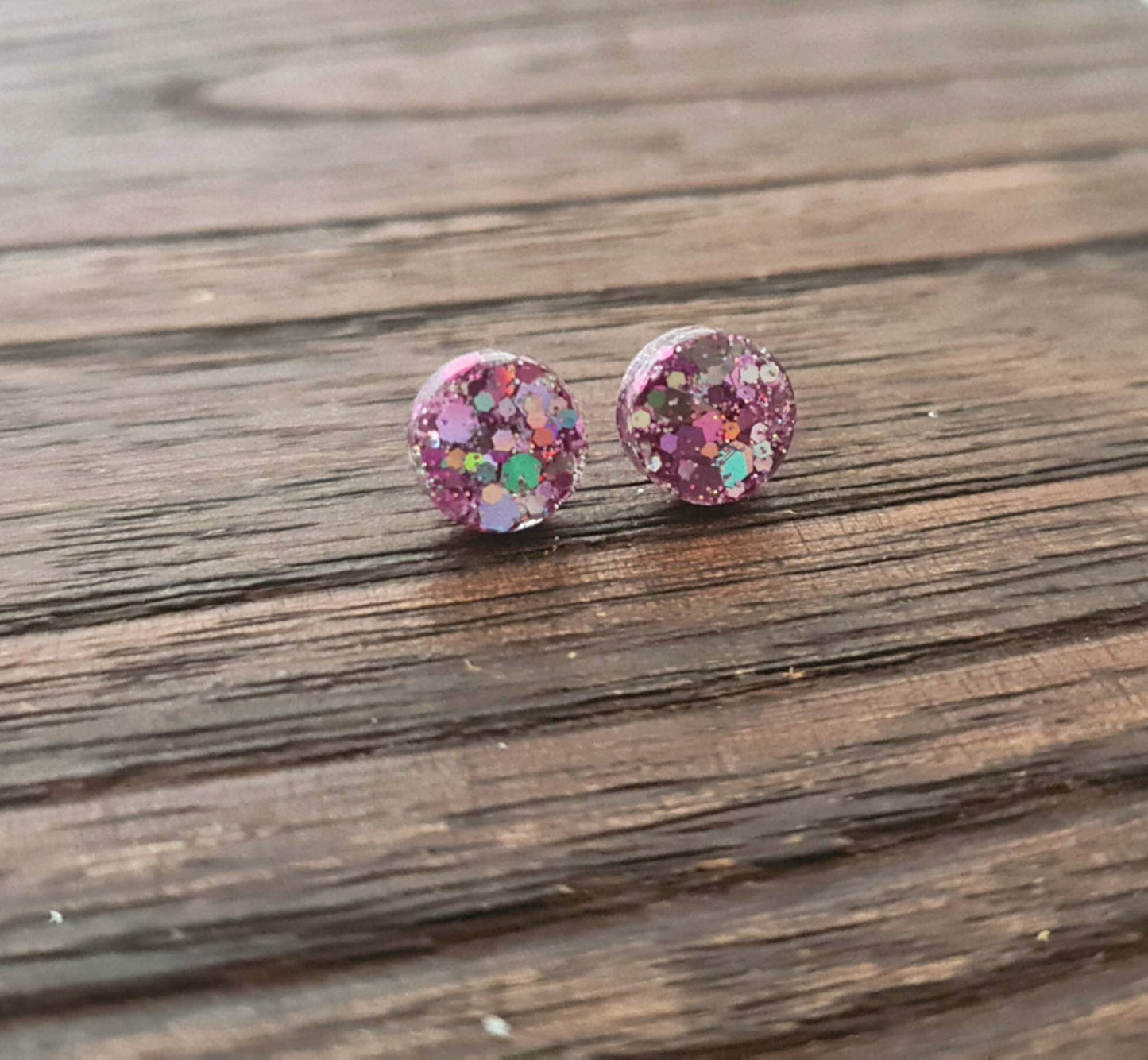 Pink Circle Dot Resin Stud Earrings, Pink Holographic Glitter Earrings. Stainless Steel Stud Earrings. 15mm, 12mm, 10mm or 8mm