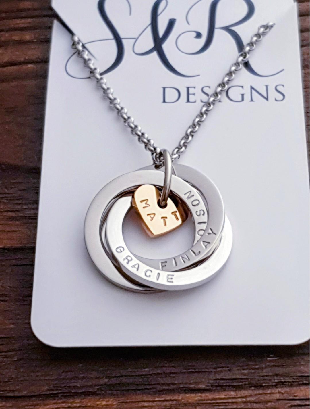 Personalised Heart Circle Connecting Rings Necklace, Tripple Links, Childrens names Personalized Hand Stamped Gift, 25mm Rings, Gift for Her