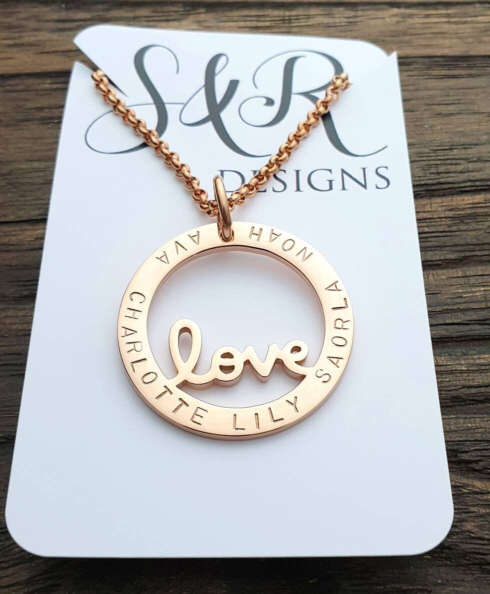 Love Necklace, Personalised Necklace, Hand Stamped Necklace Design Pendant Stainless Steel. Valentines Day, Mothers Day, Sister, Grandmother