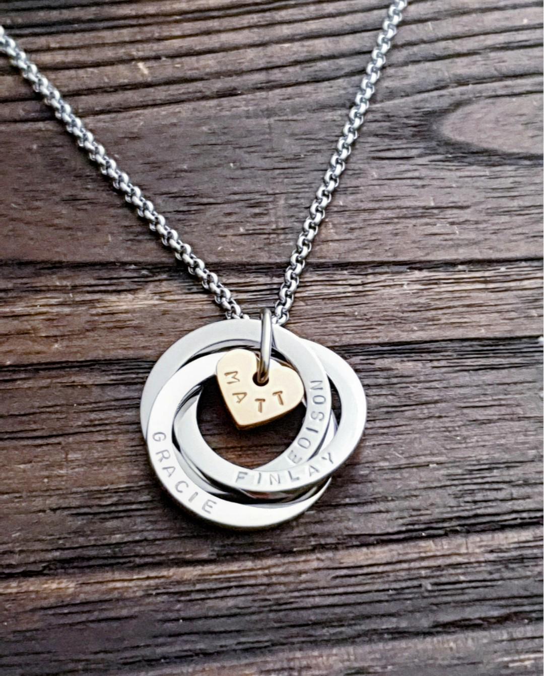 Personalised Heart Circle Connecting Rings Necklace, Tripple Links, Childrens names Personalized Hand Stamped Gift, 25mm Rings, Gift for Her