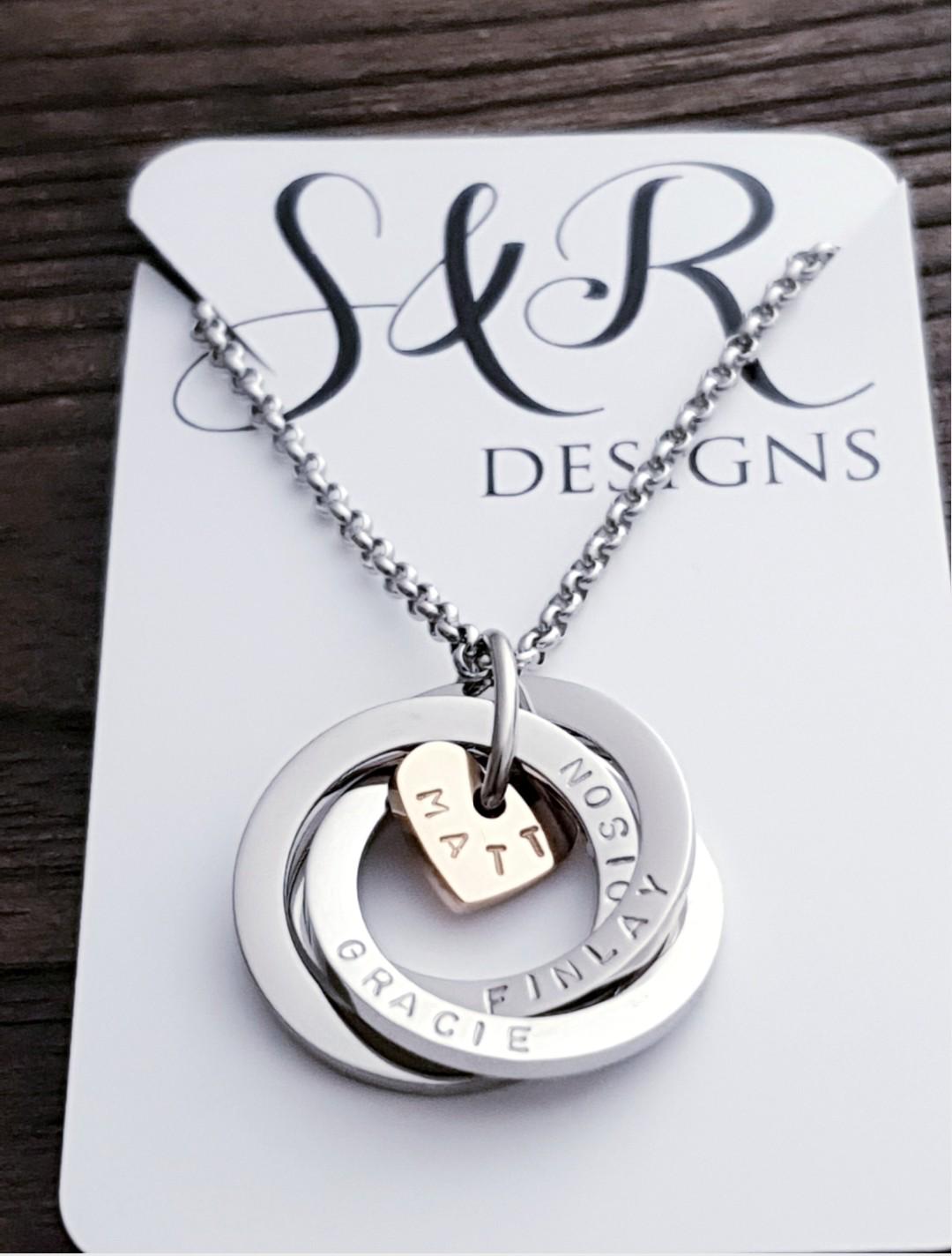 Personalised Heart Circle Connecting Rings Necklace, Tripple Links, Childrens names Personalized Hand Stamped Gift, 25mm Rings, Gift for Her