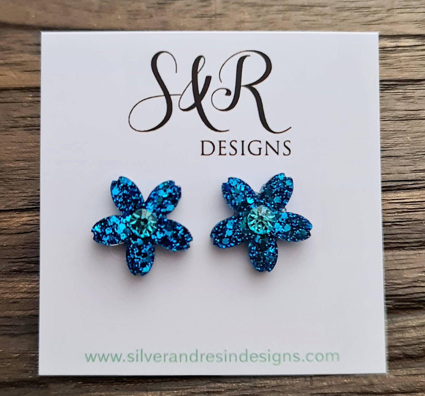 Flower Resin Earrings, Blue Glitter Crystal Earrings, Flower Stud Earrings, Mother's Day Earrings