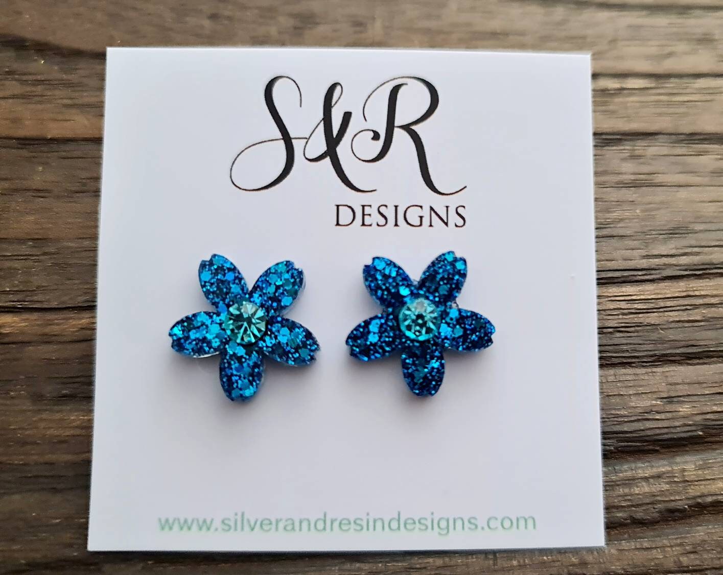Flower Resin Earrings, Blue Glitter Crystal Earrings, Flower Stud Earrings, Mother's Day Earrings