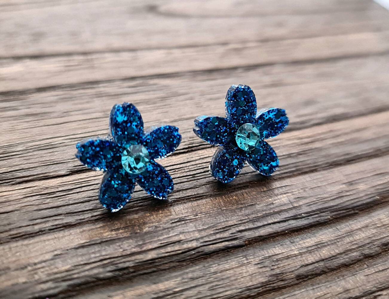 Flower Resin Earrings, Blue Glitter Crystal Earrings, Flower Stud Earrings, Mother's Day Earrings