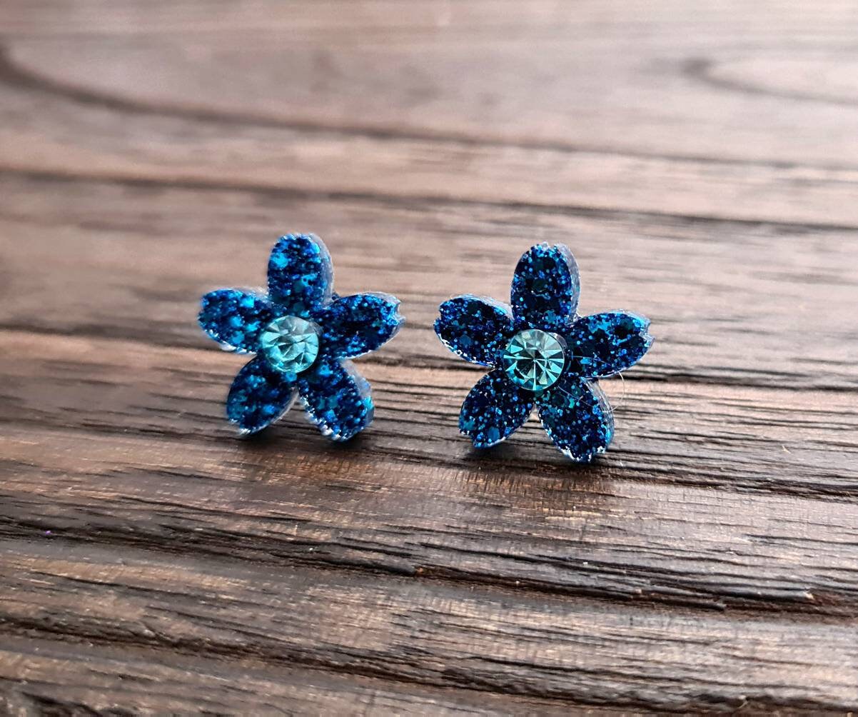 Flower Resin Earrings, Blue Glitter Crystal Earrings, Flower Stud Earrings, Mother's Day Earrings