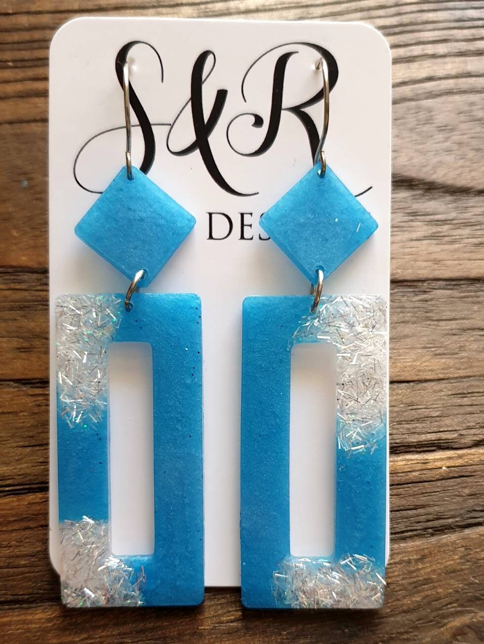 Rectangle Long Dangle Earrings, Blue White Glitter Resin Dangle Statement Earrings