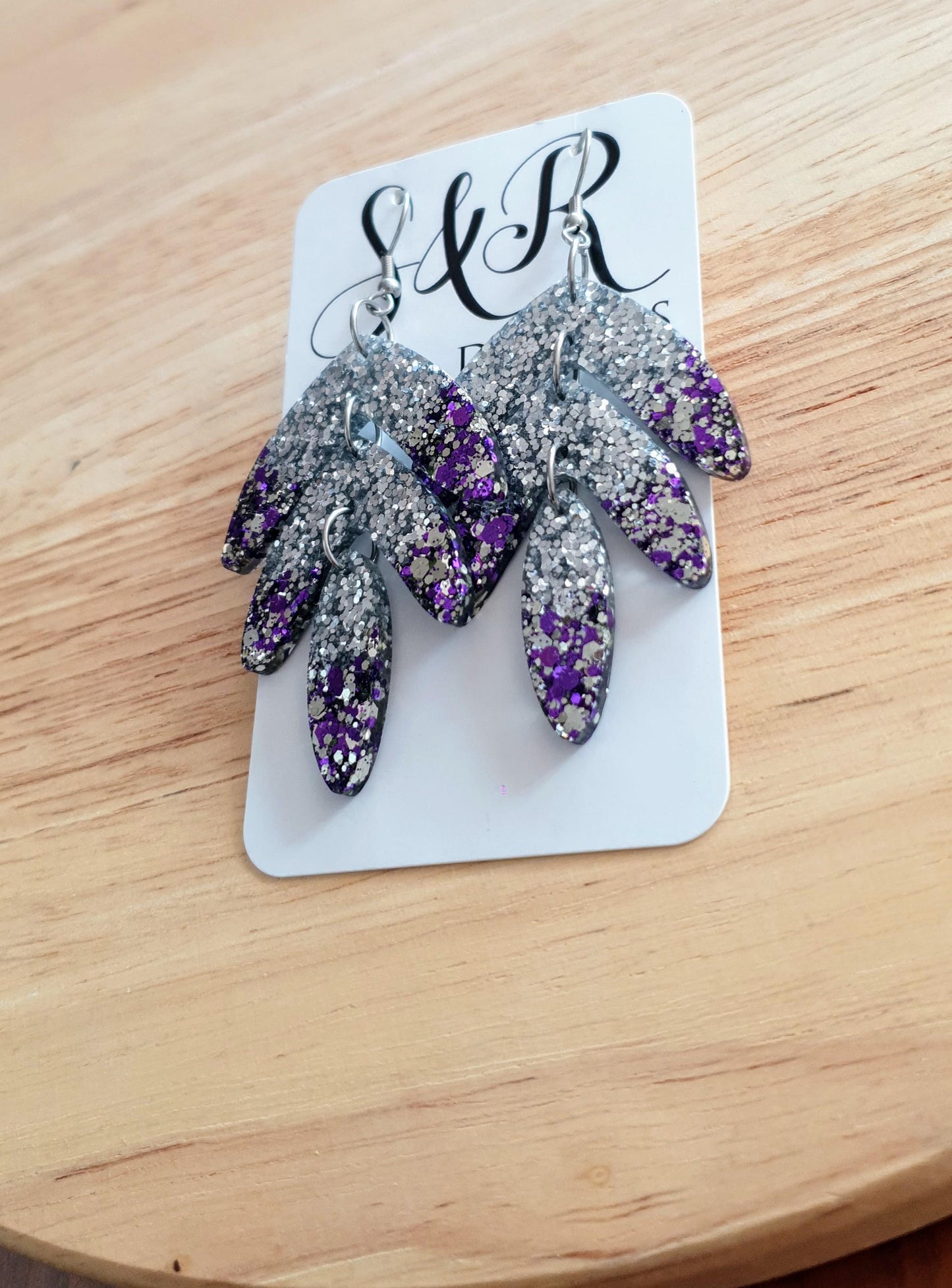 Statement Leaves Long Drop Hook Earrings. Purple Silver Glitter Resin Dangles, Stunning Chandelier Earwire Dangles