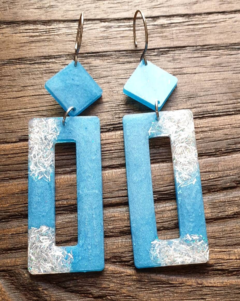 Rectangle Long Dangle Earrings, Blue White Glitter Resin Dangle Statement Earrings