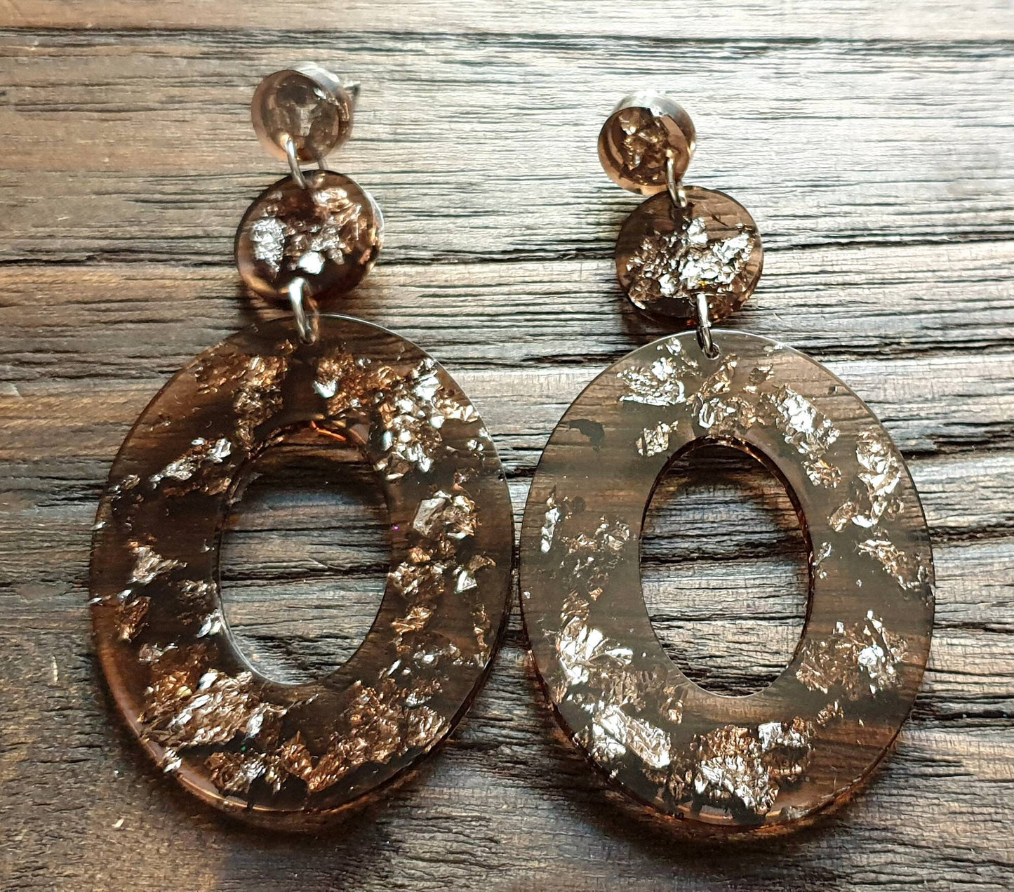 Large Oval Earrings Long Dangle, Smokey Grey and Silver Leaf Resin Dangle Statement Earrings