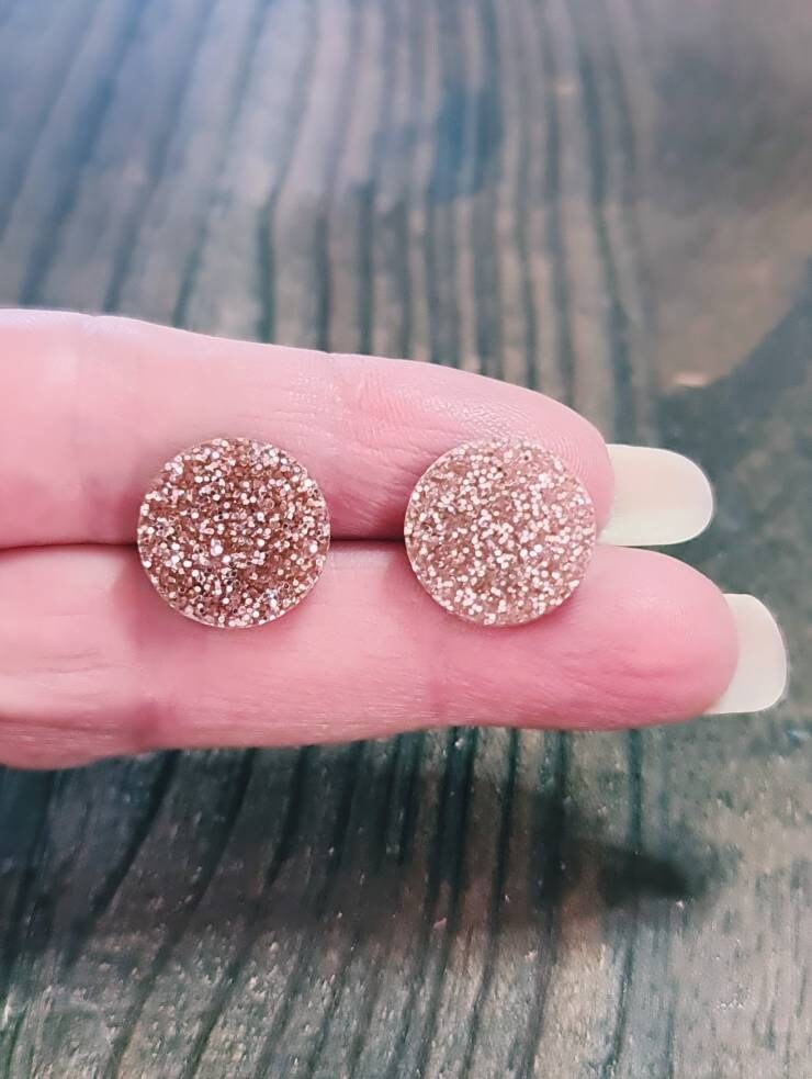 Champagne Blush Glitter Circle Stud Earrings, Acrylic Earrings, Stainless Steel Earrings.
