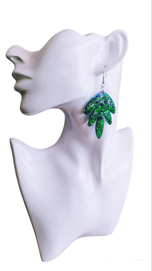 Statement Leaves Long Drop Hook Earrings. Blue-green purple chameleon changing glitter resin dangles, Stunning Chandelier Earwire Dangles