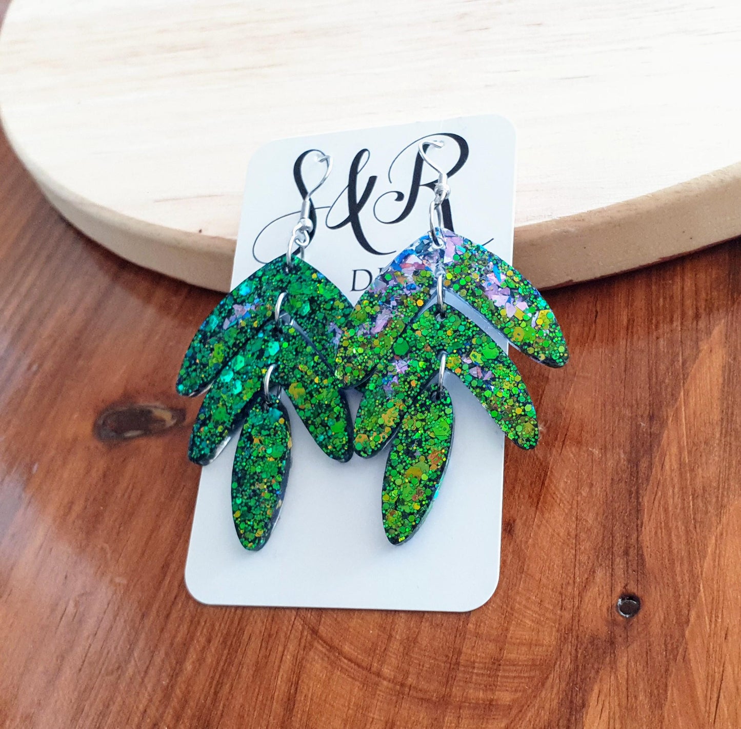 Statement Leaves Long Drop Hook Earrings. Blue-green purple chameleon changing glitter resin dangles, Stunning Chandelier Earwire Dangles