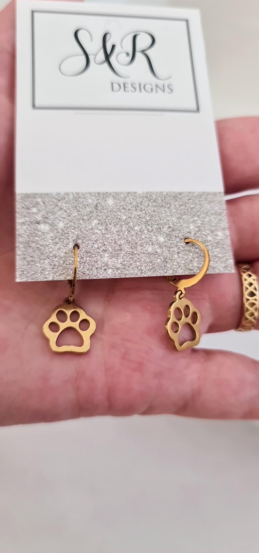 Paw Print Earrings, Gold PVD Stainless Steel Dangle Leverback Earrings.