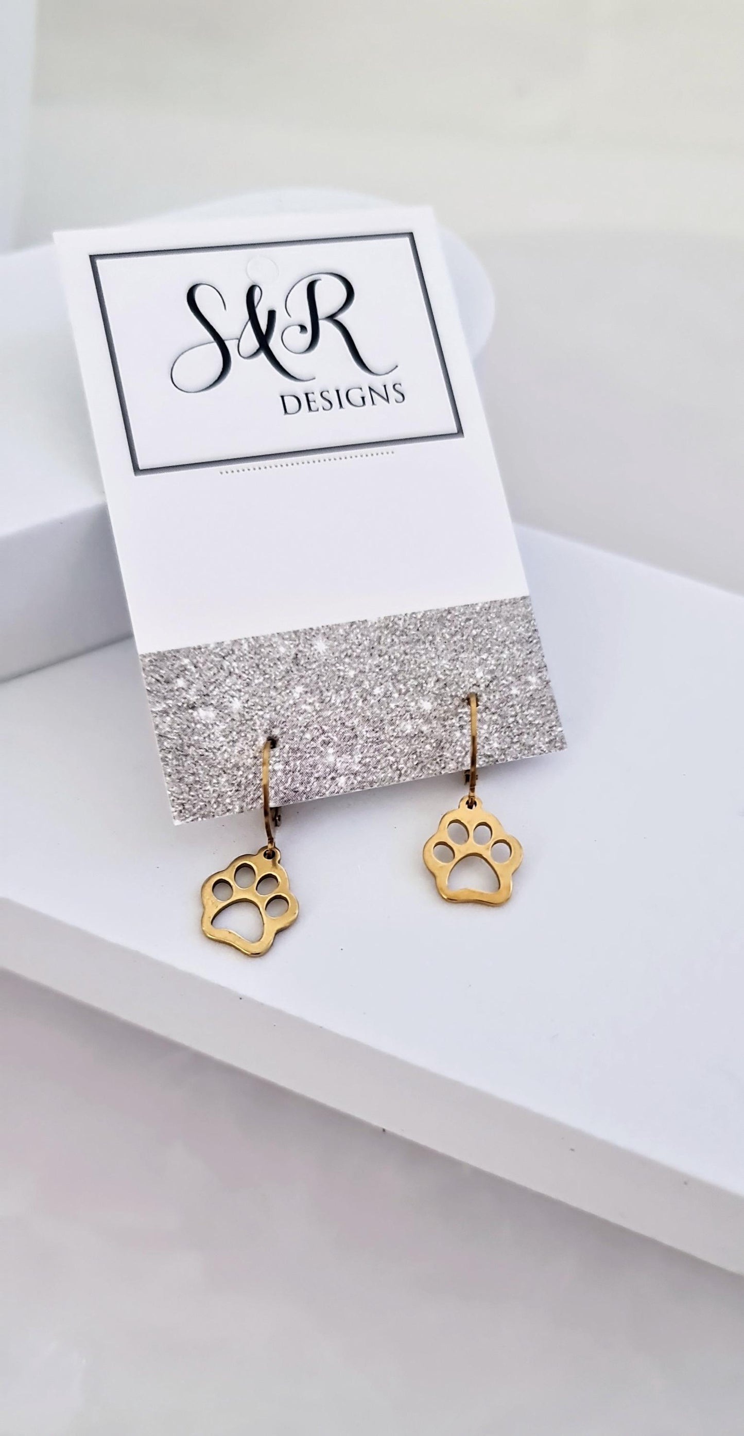 Paw Print Earrings, Gold PVD Stainless Steel Dangle Leverback Earrings.