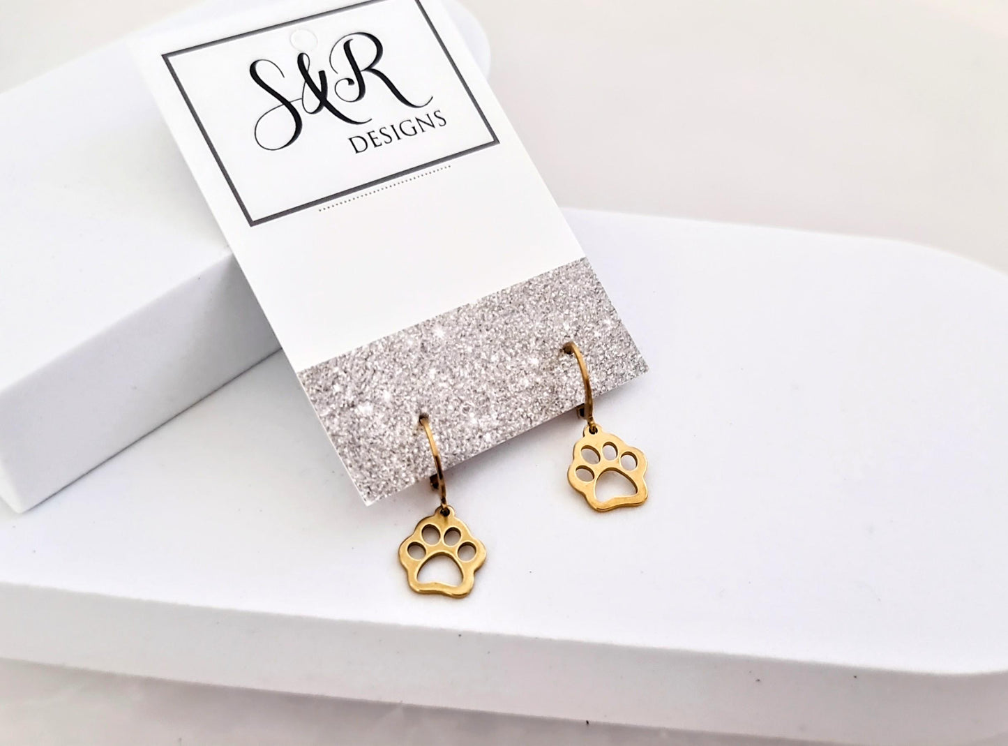 Paw Print Earrings, Gold PVD Stainless Steel Dangle Leverback Earrings.