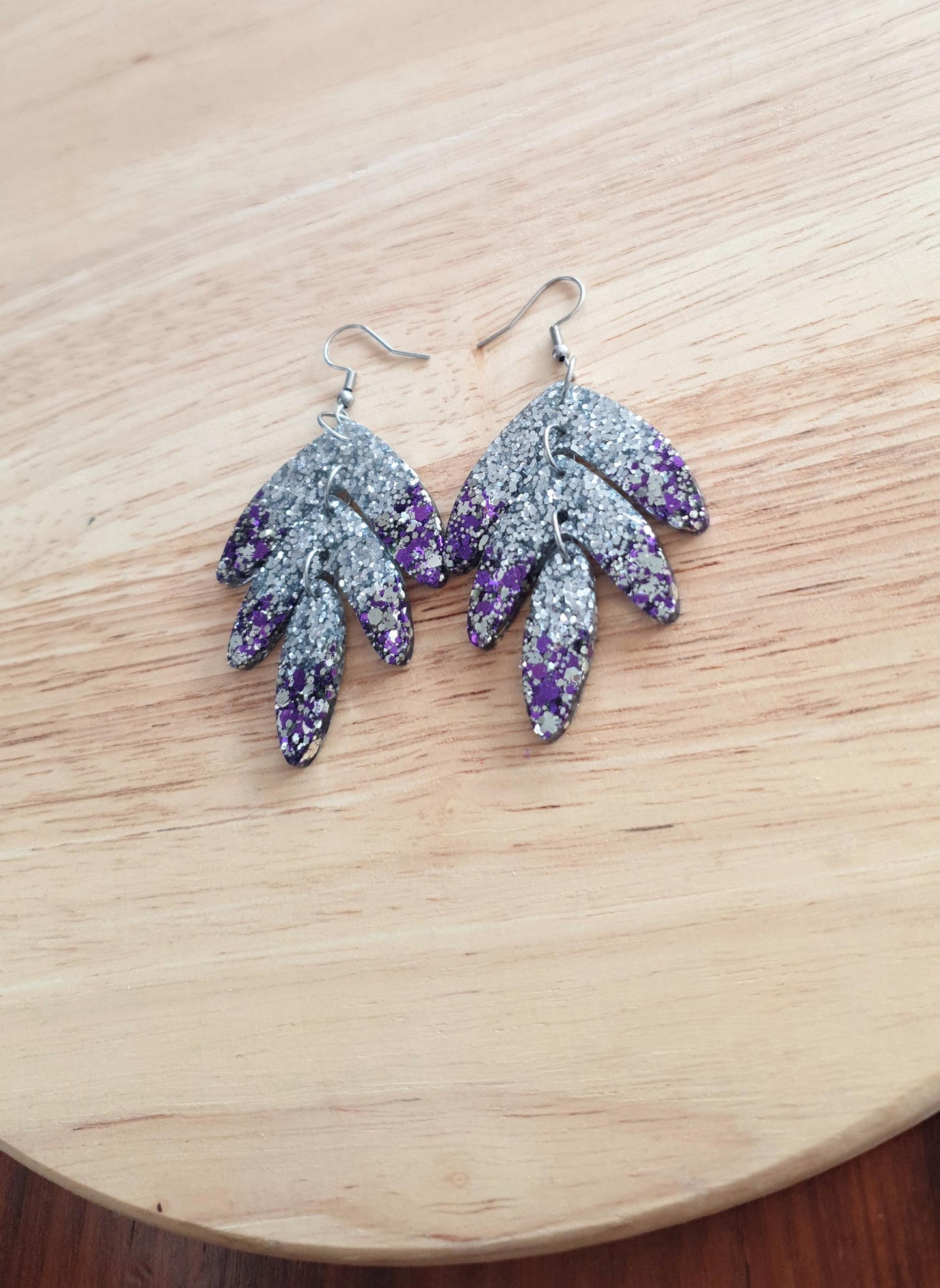 Statement Leaves Long Drop Hook Earrings. Purple Silver Glitter Resin Dangles, Stunning Chandelier Earwire Dangles