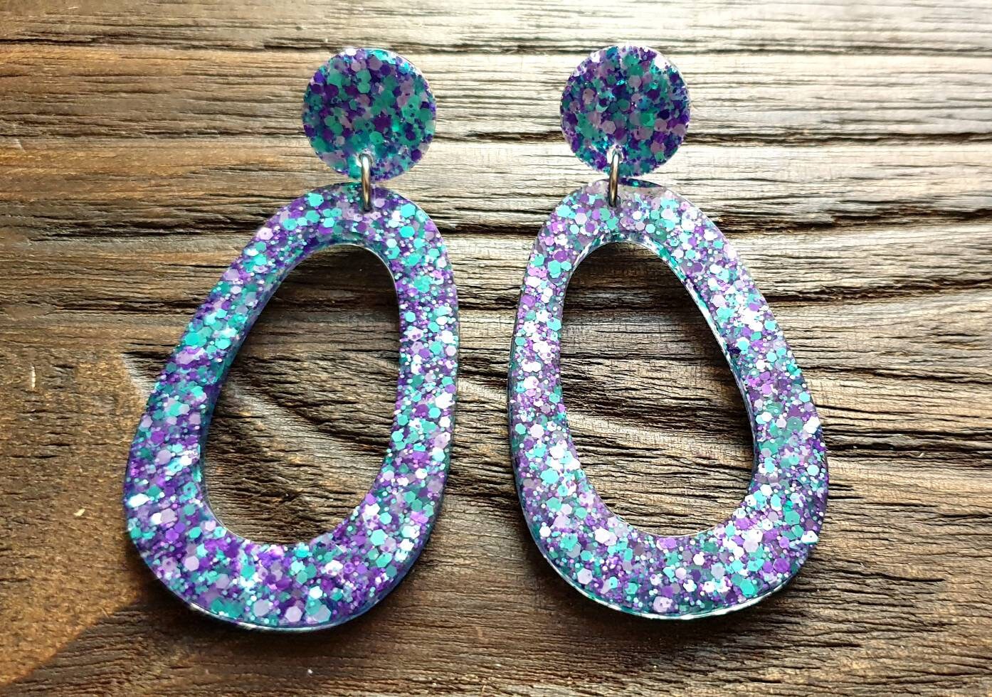 Large Teardrop Long Dangle Earrings, Teal Purple Resin Dangle Statement Earrings