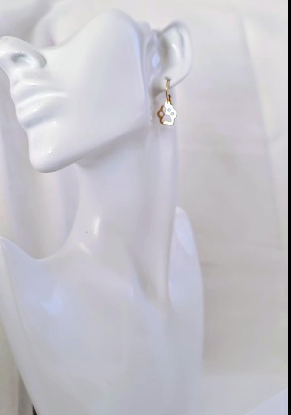 Paw Print Earrings, Gold PVD Stainless Steel Dangle Leverback Earrings.