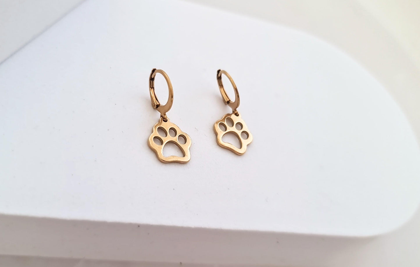 Paw Print Earrings, Gold PVD Stainless Steel Dangle Leverback Earrings.